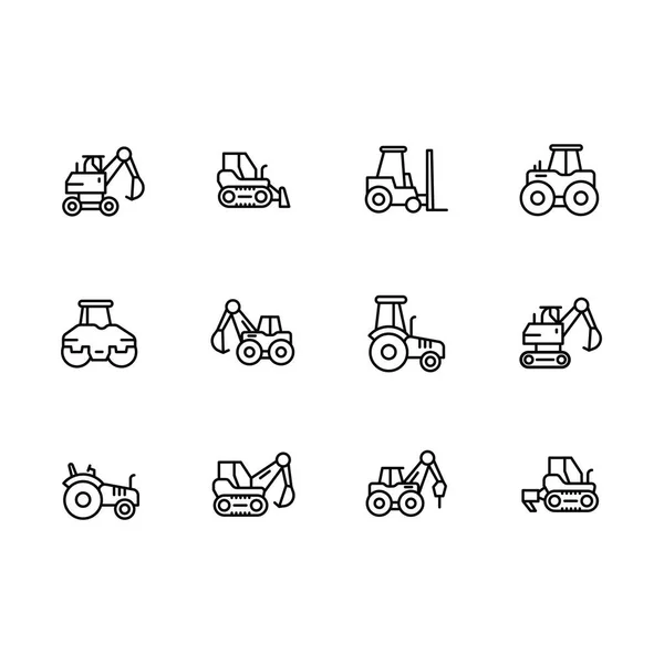 Set special transport and construction equipment vector line icons. Contains such icons machines for building, mining, agricultural work. Forklift, excavator, tractor, bulldozer and other. — Stock Vector