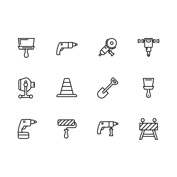 Ensemble simple d'outils de travail pour la réparation, la conception, la construction et les travaux routiers icône de ligne vectorielle. Contient ces icônes perceuse, scie circulaire, marteau-piqueur, tournevis, pelle, rouleau, bétonnière, cône de route . — Image vectorielle