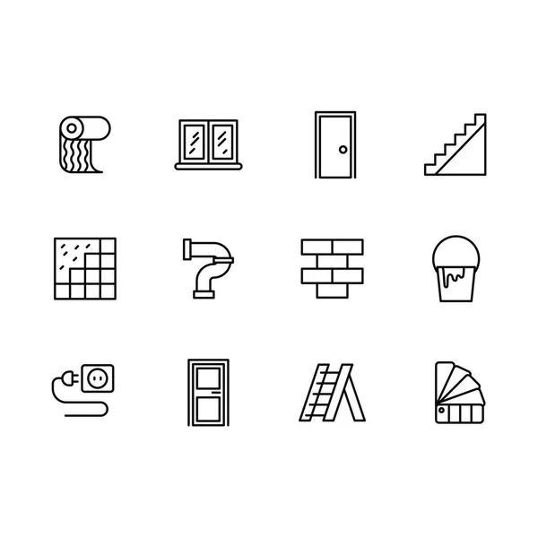 Basit set ev onarım, dekorasyon malzemeleri ve iç tasarım vektör satırı simgesi. İçeren böyle kutsal kişilerin resmi duvar kağıdı, pencere, kapı, merdiven, banyo boruları, tuğla ve kiremit, elektrik, renk paleti.