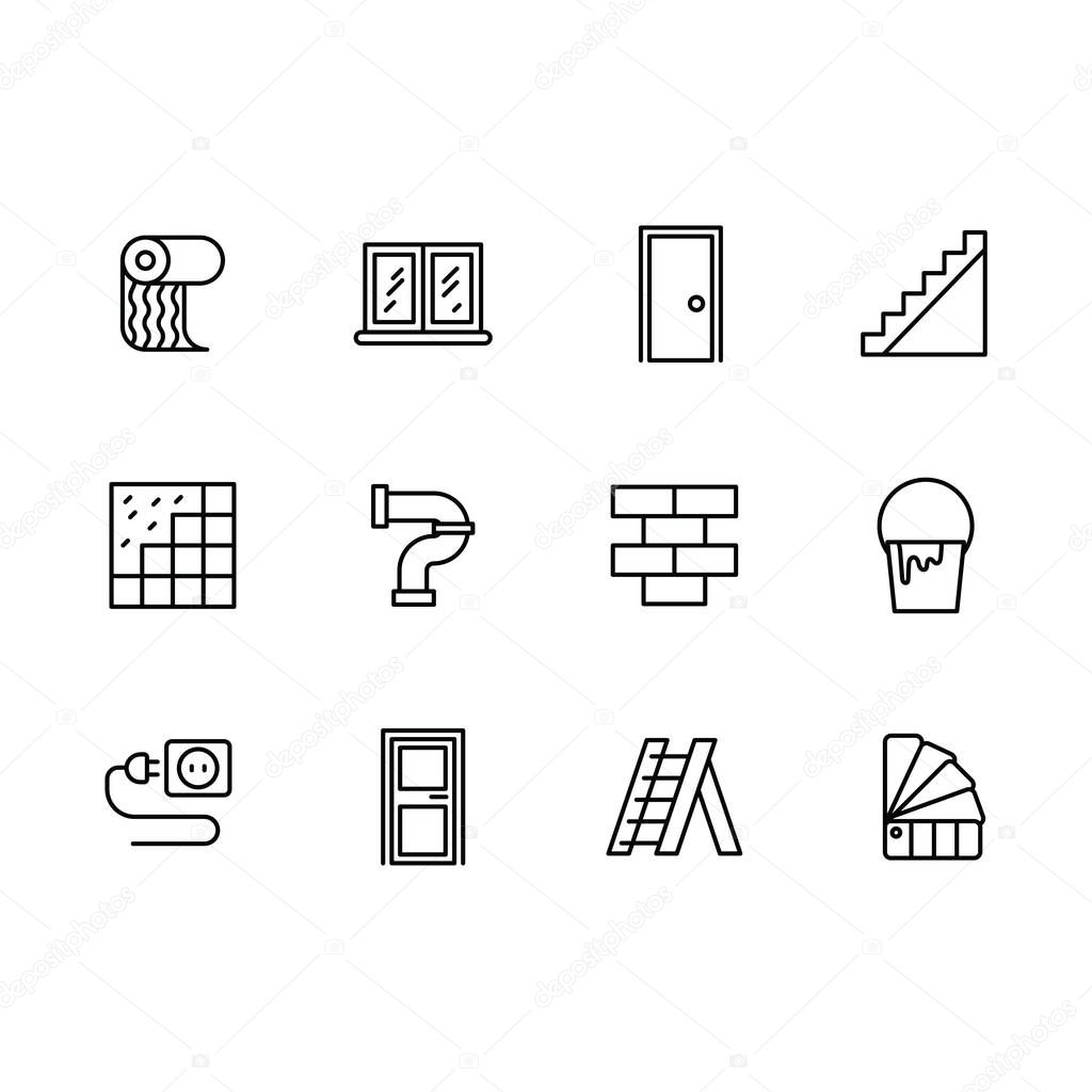 Simple set home repair, decoration materials and interior design vector line icon. Contains such icons wallpaper, window, door, stairs, bathroom pipes, brick and tile, electricity, color palette.