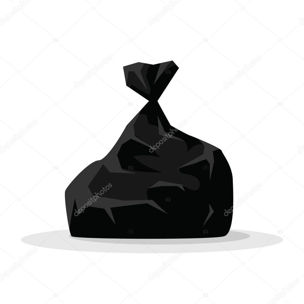 Vector illustration black bag with garbage isolated on white background. Packages big black plastic bags with wastes, rubbish and litter.