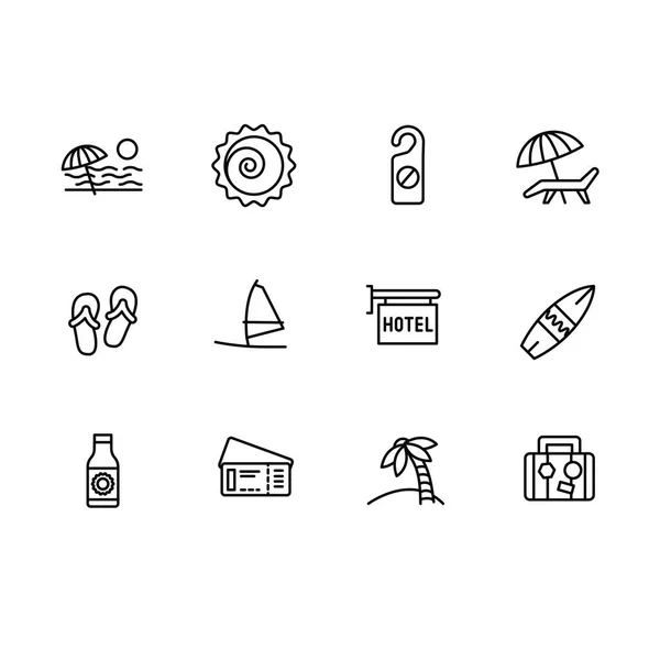 Simple set summer holiday on sea beach vector line icon. Contains such icon travel, summer beach, chaise lounge, umbrella, slippers, hotel, resort, surfing, palm trees, suitcase, sail and other. — Stock Vector