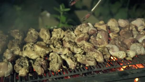 Homens cozinhando carne de frango na churrasqueira enquanto piquenique de perto. Preparação de processo carne de churrasco em grelha em fogo e carvão. Conceito de cozinha de alimentos ao ar livre . — Vídeo de Stock
