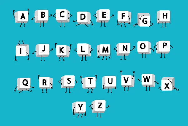 Weiße Buchstaben des Alphabets auf Tastatur-Laptop-Computer mit Beinen und Armen wie lustige kleine Männer auf blauem Hintergrund. Zeichen englische Buchstaben auf Tasten Notebook-Tastatur. — Stockfoto