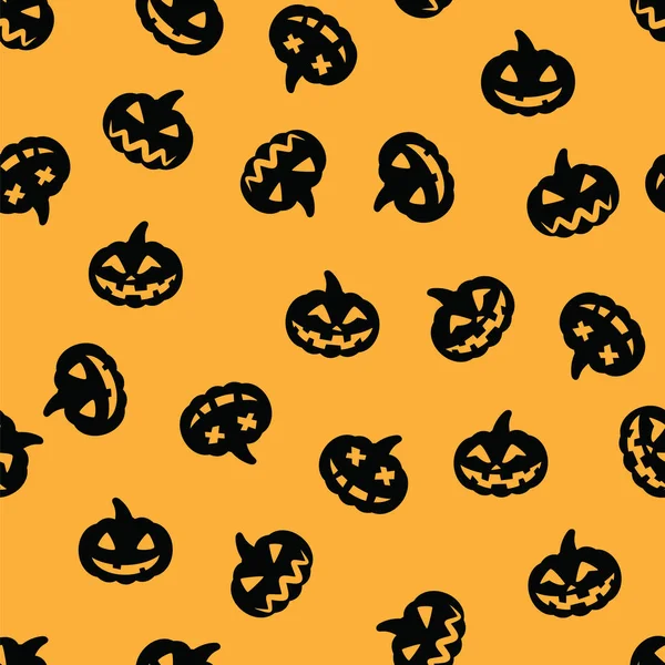 Schwarzes Halloween-Kürbismuster auf orangefarbenem Hintergrund. Halloween Gesicht schwarzer Kürbis nahtloses Muster. — Stockvektor