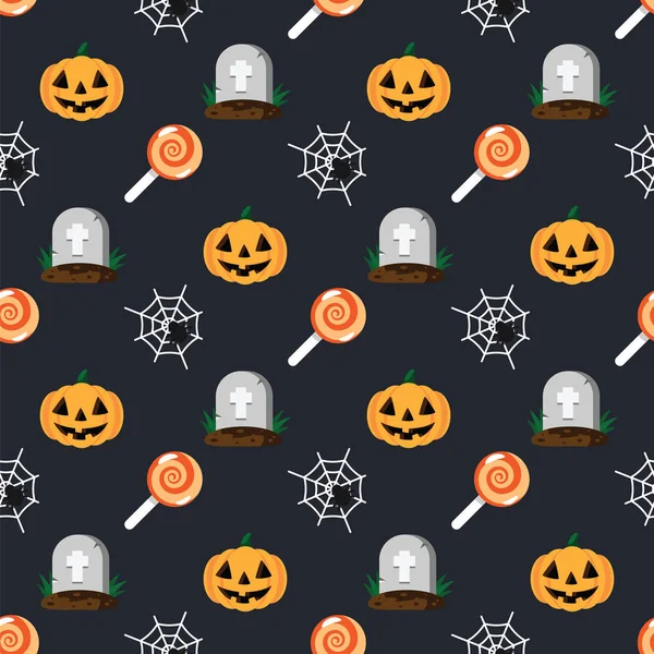 Halloween motif de vacances tombe dans le cimetière, citrouille orange, araignée et toile d'araignée, sucette sucrée bonbons, fond sombre. Joyeux motif Halloween . — Image vectorielle