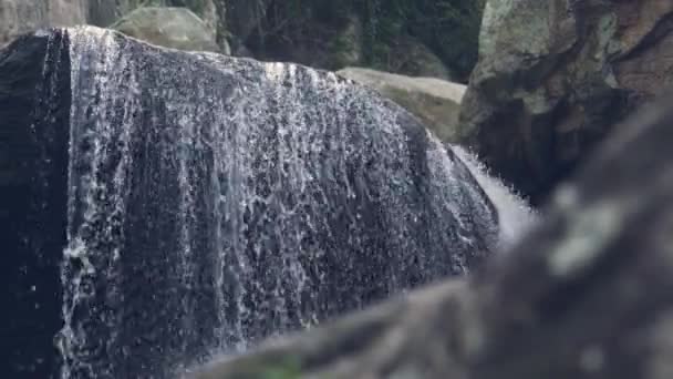 Cascada que fluye sobre rocas en la selva tropical de montaña. Corriente de agua río de montaña que fluye en cascada pedregosa. arroyo de agua río rocoso primer plano . — Vídeos de Stock