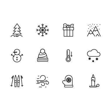 Basit semboller kış sezon satırı simgesi ayarla. Böyle simgesi Noel ağacı, kar tanesi, hediye, kar yağışı, kar dağlar, kayaklar, kardan adam, eldivenler, termometre, mum içerir.