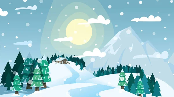 Winterlandschaft Haus auf schneebedeckten Nadelwald und Berge auf blauem Himmel und strahlender Sonne Hintergrund. Winterwald, Haus auf verschneitem Berg. Frohe Weihnachten und Neues Jahr. — Stockvektor