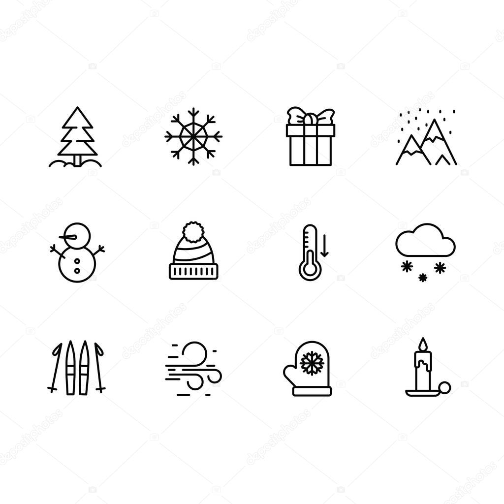 Simple set symbols winter season line icon. Contains such icon Christmas tree, snowflake, gift, snowfall, snow mountains, skis, snowman, mittens, thermometer, candle.
