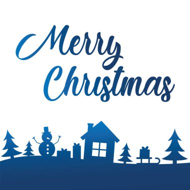 Ağaçlar, ev, kardan adam ve hediye üzerinde gökyüzü yazı ile neşeli Noel tebrik kartı. Gretting neşeli Noel ve mutlu yeni yıl tatili.