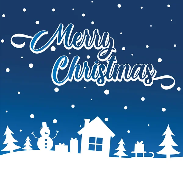 Neşeli Noel tebrik kartında karlı ağaçlar, ev ve kar yağışı üzerinde mavi gökyüzü. Gretting neşeli Noel ve mutlu yeni yıl tatili.