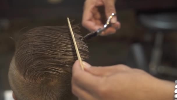 Friseur schneidet Haare mit Friseurschere im Kinderfriseursalon. Kinderhaarschnitt mit Schere und Kamm im Friseurladen. Friseur kleiner Junge im Schönheitssalon. Kind schneidet Haare. — Stockvideo