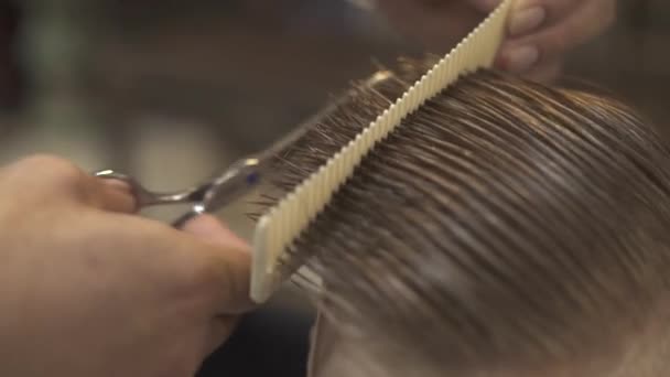 Kadeřník řezání za mokra mužské vlasy pomocí Holič nůžky v kadeřnictví. Tom chlapec účes s vlasy nůžky v holičství a kadeřnictví. Kid účes koncept. — Stock video