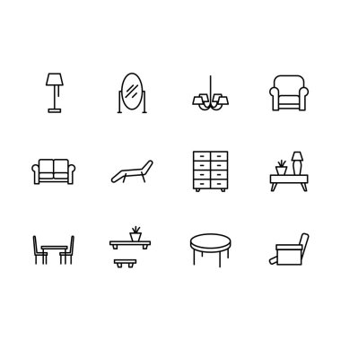 Simple set symbols furniture and interior room line icon. Contains such icon lamp, makeup mirror, chandelier, armchair, couch, sofa, dinning table, living room. clipart