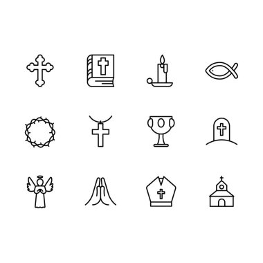 Temel Rgbsimple semboller din ve kilise satırı simgesi ayarla. Böyle kutsal kişilerin resmi dini haç, Kutsal İncil kitap, mum, dikenler, kadehi, kase, Tapınak, dua, mezar, ölüm, melek taç içerir.