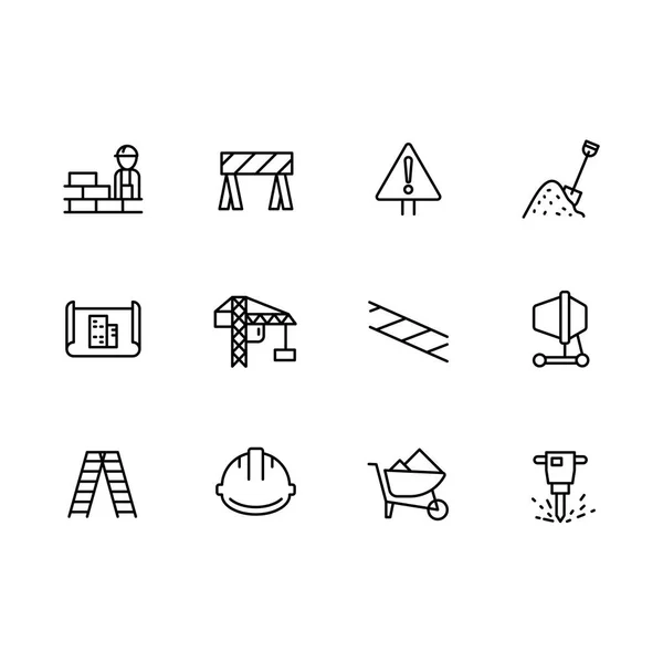 Einfache Symbole Hochbau und Engineering Line Icon. enthält solche Symbole Ziegelmauer, Arbeiter, Bauarbeiter, Turmdrehkran, Betonmischer, Zeichnung, Plan, Treppe, Helm, Trolley, Presslufthammer. — Stockvektor