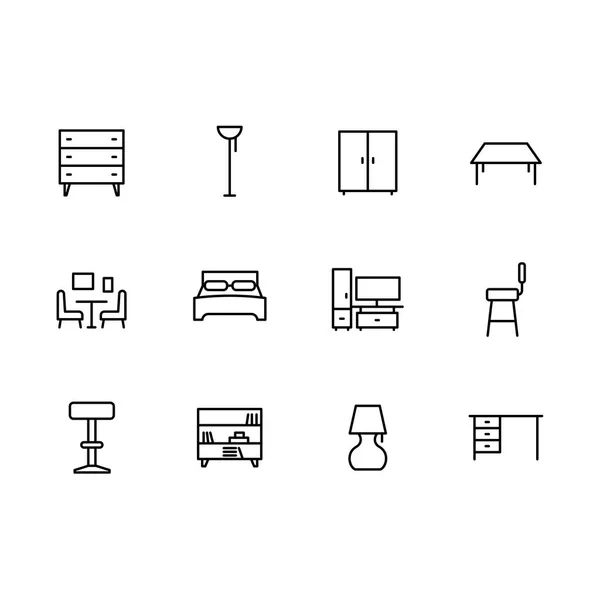 Símbolos simples muebles y el icono de la línea de habitación interior. Contiene el icono de cómoda, armario, silla, mesa para la oficina en casa y sala de estar, lámpara, cama y dormitorio de diseño . — Archivo Imágenes Vectoriales