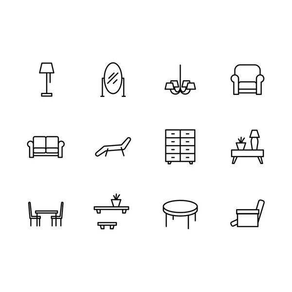 Eenvoudige set symbolen meubilair en interieur kamer lijn pictogram. Bevat zo'n pictogram lamp, make-up spiegel, kroonluchter, fauteuil, Bank, sofa, eettafel, woonkamer. — Stockvector
