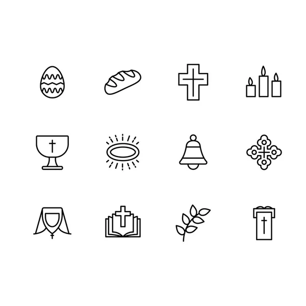 Eenvoudige reeks symbolen religie en kerk lijn pictogram. Bevat zo'n pictogram Easter egg, brood, kruis, kaarsen bell, boek van gebed en Bijbel, kerk, tempel, aanbidding, orthodoxie, katholicisme. — Stockvector