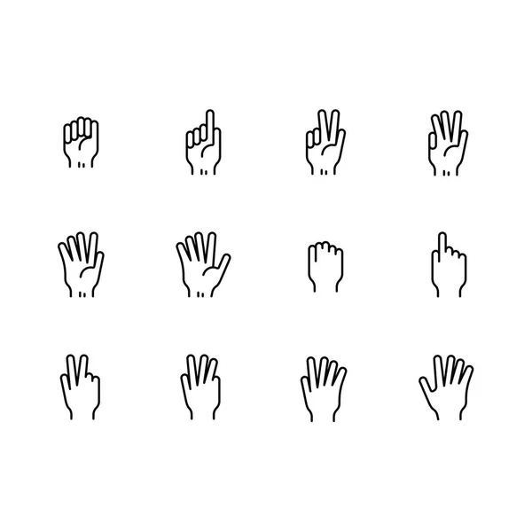 Set sederhana simbol tangan dan jari isyarat ikon. Berisi telapak tangan ikon, kepalan tangan, jari telunjuk, jempol, gerakan kemenangan dan gerakan lainnya . - Stok Vektor
