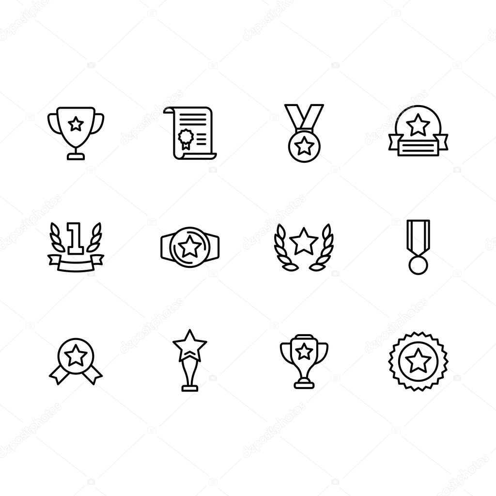 Simple set symbols sport trophy and champion cup line icon. Contains such icon victory, win, cup, award, medal, diploma, sports competition, leadership, championship, first place.