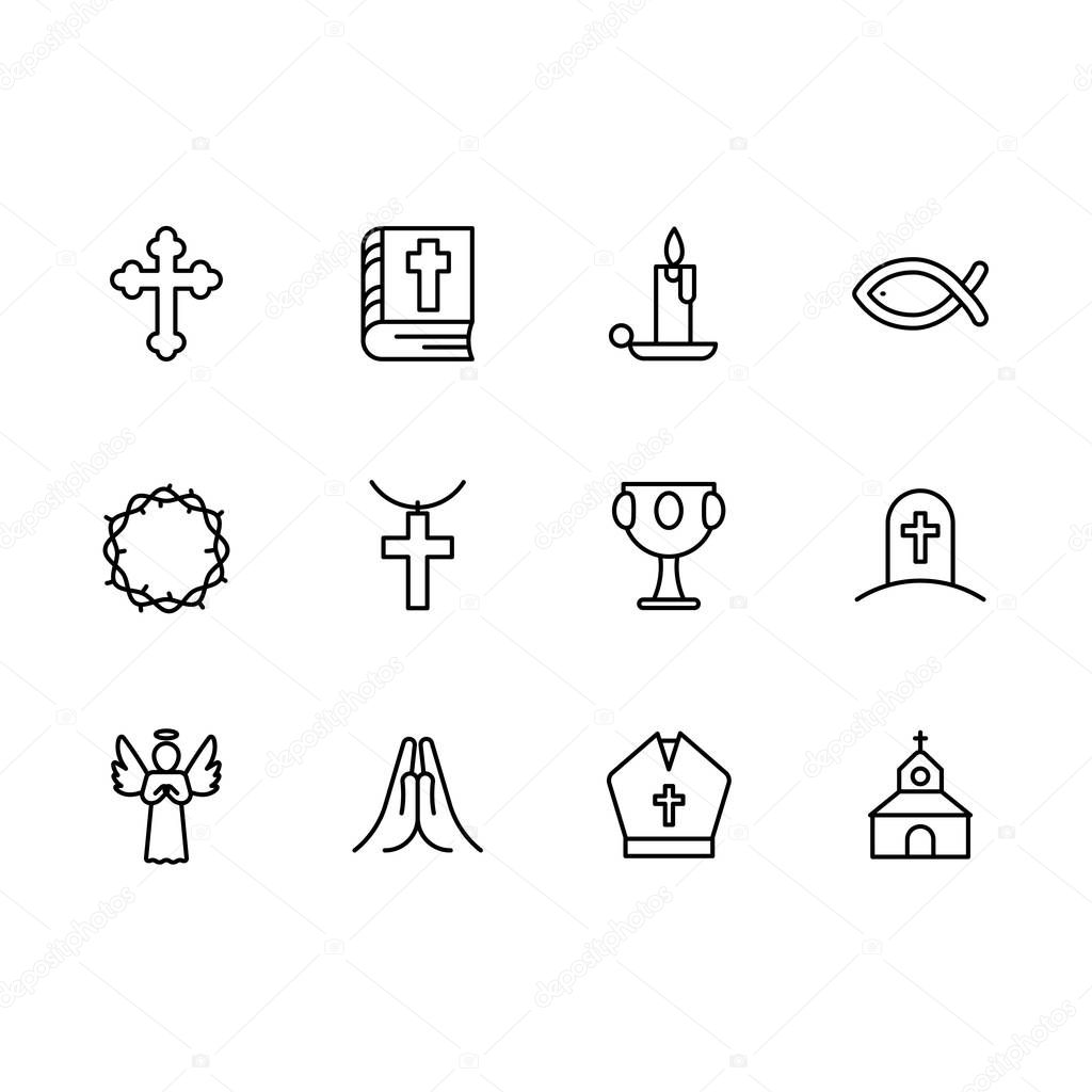 Basic RGBSimple set symbols religion and church line icon. Contains such icon religious cross, holy bible book, candle, crown of thorns, goblet, grail, temple, prayer, grave, death, angel.
