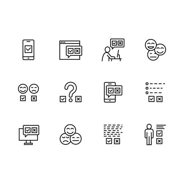 Simple set survey related on internet, social networks and mobile applications vector line icons. Contains such icons data survey, emotional opinion, questionnaire, rating, checklist, smile and more. — Stock Vector