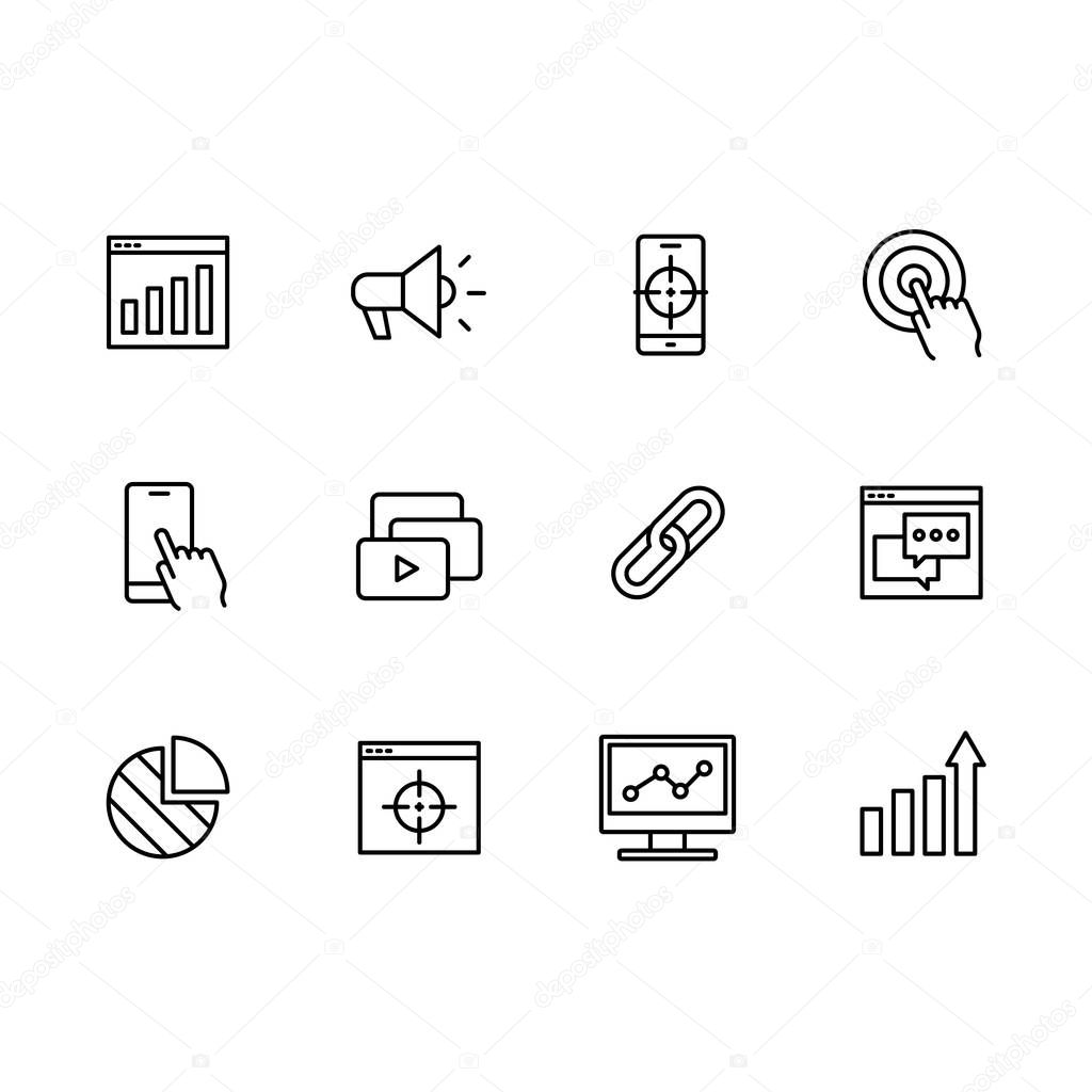 Simple set symbols seo, network marketing and promotion outline icon. Contains such icon target, watch list, audience, increase sales, web site performance, traffic management, social networks.