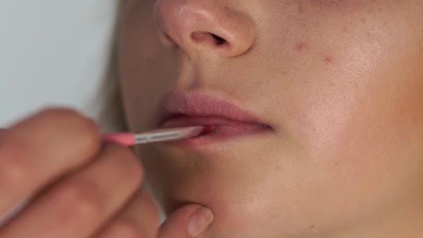 Cerrar artista de maquillaje aplicando lápiz labial con pincel en los labios mujer joven. Proceso de aplicación de brillo labial al modelo de maquillaje. Visagiste haciendo labios de maquillaje. Clase magistral en la escuela de belleza. Belleza y moda . — Vídeos de Stock