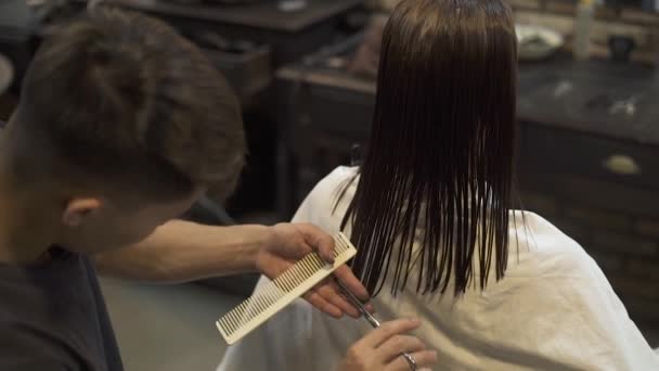 Człowiek fryzjerskiego strzyżenia włosów nożyczkami w studio fryzjerskie. Kobiece fryzury w profesjonalnym salonie kosmetycznym. Fryzjer robi fryzurę Kobieta w fryzjera. Uroda i Pielęgnacja. — Wideo stockowe