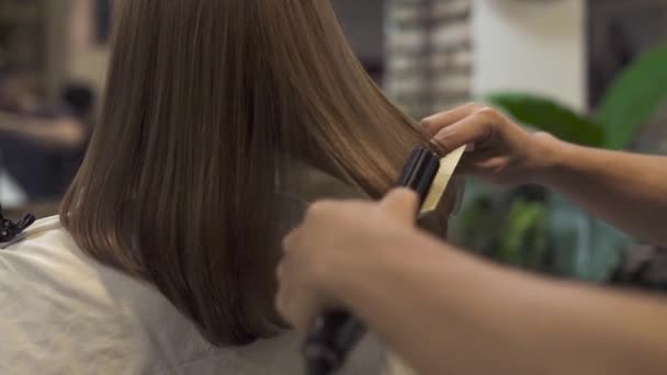 Estilista Alisamento Cabelo Longo Com Ferro Pentear Enquanto Penteado Salão — Vídeo de Stock