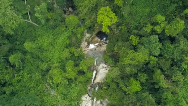 Вид с воздуха на тропическую реку, протекающую по скалистой скале в диких джунглях. Вид на водный поток скалистой реки и тропический водопад в джунглях. Дикая природа . — стоковое видео