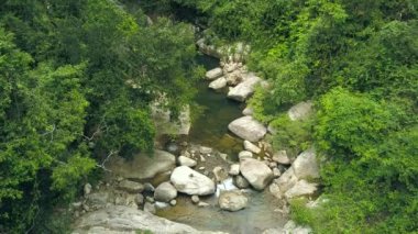 Rocky river yeşil rainforest hava görünümünde akan. Mountan nehir tropikal orman akışında. Drone görünümü su akışı yeşil ağaçlar ve bitkiler arasında stony Creek.