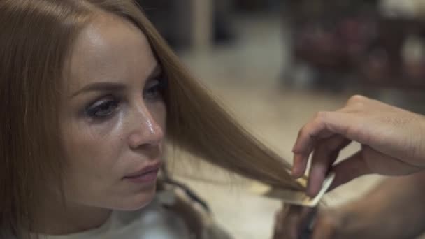 Hermosa mujer recibiendo corte de pelo con tijeras en el estudio de belleza. Peluquero usando tijeras para cortar cabello femenino en peluquería. Peinado femenino. Industria de belleza . — Vídeo de stock