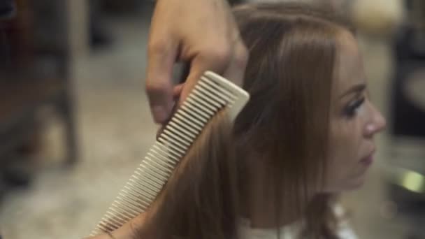 Peluquería peinando y cortando pelo largo con tijeras en barbería. Mujer corte de pelo y cuidado en el estudio de belleza. Mujer joven recibiendo corte de pelo en el salón de peluquería. Industria de belleza . — Vídeo de stock