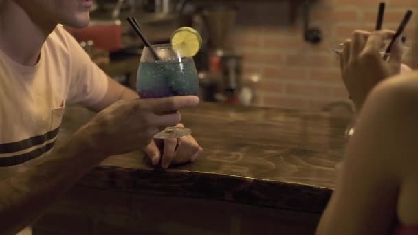 Man Woman Sitting Bar Counter Drinking Alcoholic Cocktail While Evening — Stock Video