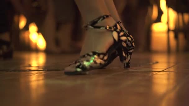 Bailando piernas femeninas en zapatos de cerca. Mujer bailando en pista de baile en fiesta en club nocturno. Gente divirtiéndose en la discoteca de música . — Vídeo de stock
