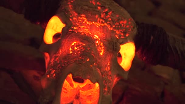 Skull bull with horns and red light from inside hanging on stone wall for interior design. Hunting trophy. Animal skull with horn in dark room. — Stock Video