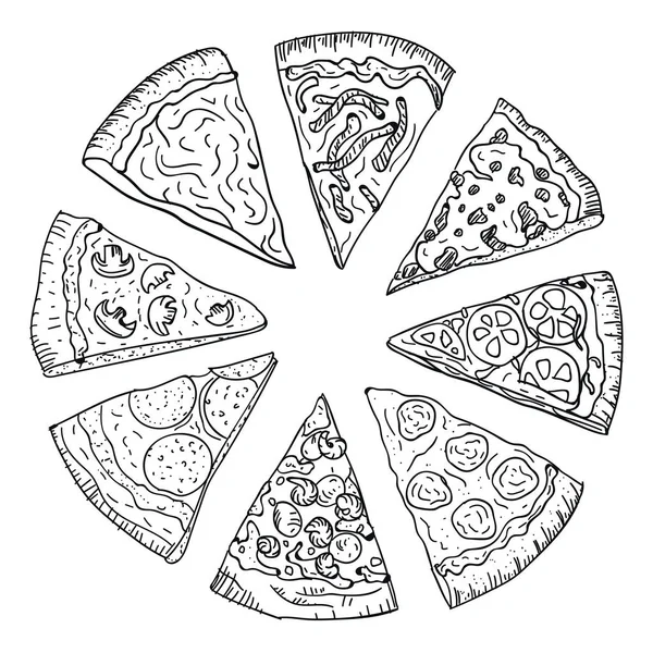 Sıcak pizza el Beyaz arka plan üzerinde izole doodle tarzı çizimi dilimlenmiş. Pizzacı üstten görünüm çizim kesilmiş pizza doodle. İtalyan mutfağı ve gıda kavramı.