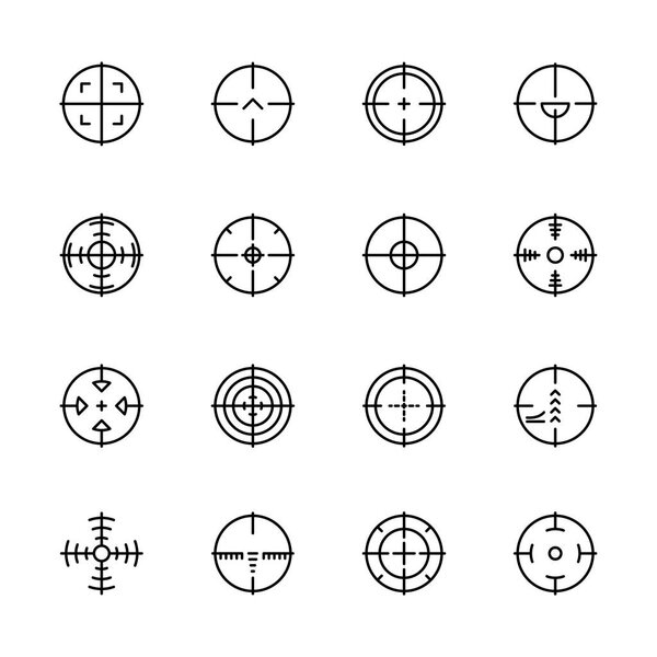 Simple icon set aim and target for shooting on range or military battlefield. Contains such symbols sight sniper weapons and military gun.