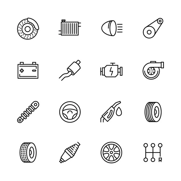 Simple icône ensemble de réparation et d'entretien de voiture. Contient ces symboles pièces moteur, radiateur, freins, batterie, silencieux, turbine, amortisseur, vitesse, essence, volant, volant et plus de détails . — Image vectorielle