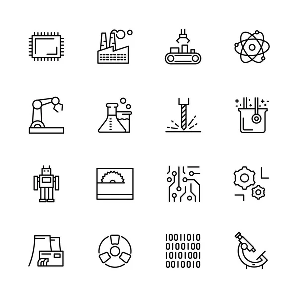 Simplu set de pictograme industria științifică, producție și fabricație. Conține astfel de simboluri plante, fabrică, chimie, fizică, medicină, biologie, cercetare, tehnologii digitale și echipamente de laborator . — Vector de stoc