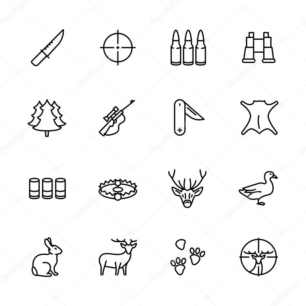 Simple icon set forest hunting. Contains such symbols knife, bullets, ammunition, hunting rifle, weapon, binoculars, wood, trophy, duck, hare, deer, target, sight and more.