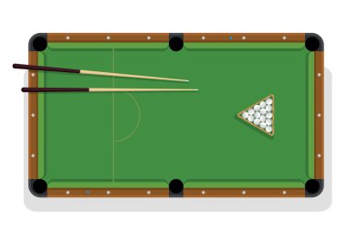 Havuzu Tablo, işaret ve bilardo topları oyun için. Bilardo masası ile üçgen, toplar ve cua Üstten Görünüm.