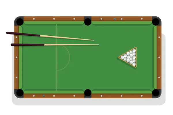 Tabulka, cue a kulečníkové koule pool pro hru. Kulečníkový stůl s trojúhelníkem, míče a ČZU pohled shora. — Stockový vektor