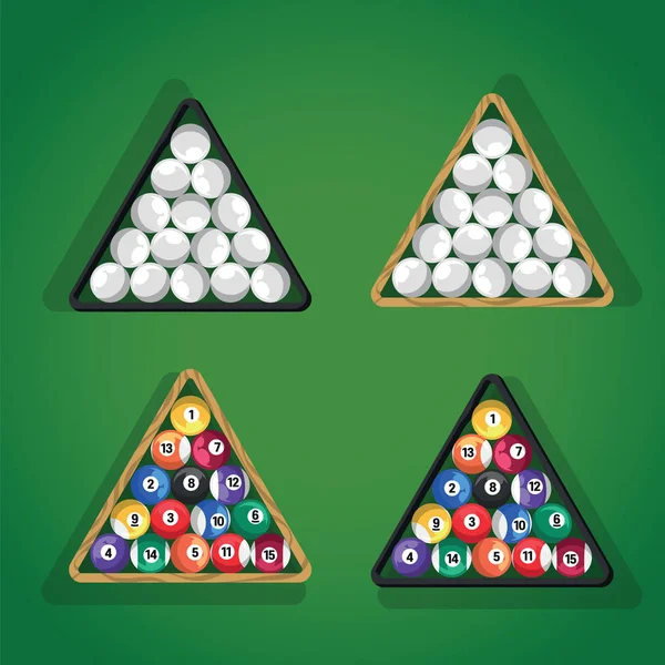 Bilardo topları yeşil Bilardo masası üzerinde üçgen içinde görünüm üst. Üçgen billiard oyunu için beyaz ve renkli havuz topları. — Stok Vektör