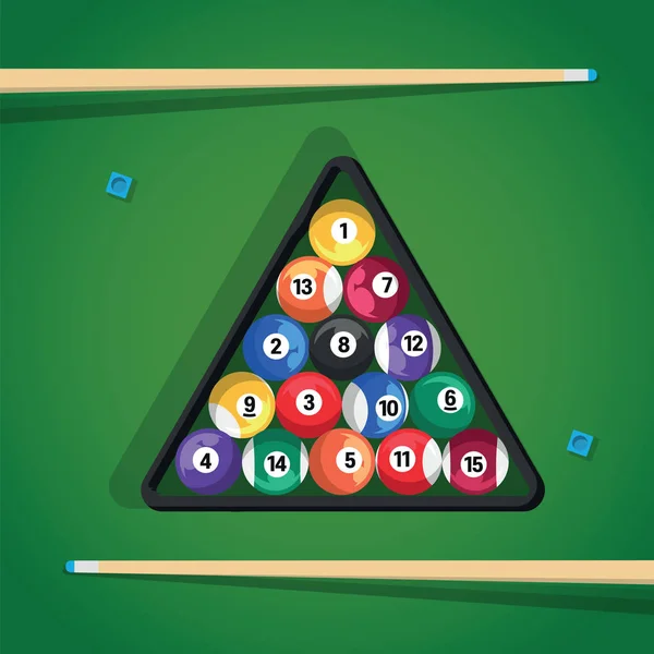 Bilardo topları oyun için yeşil masada üçgeninde sopa ve Havuzu. Biliard topları, üçgen ve sufle yeşil masa üstü oyun göster. — Stok Vektör