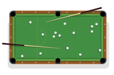 Bilardo topları oyun için tablo, işaret ve Havuzu. Bilardo masası ile beyaz toplar ve iki cua Üstten Görünüm.
