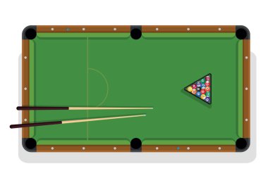Bilardo masası, havuzu sopa ve bilardo topları oyun için. Bilardo masası ile üçgen, toplar ve cua Üstten Görünüm.